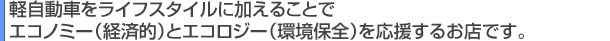 軽自動車をライフスタイルに加えることでエコノミー(経済的)とエコロジー(環境保全)を応援するお店です。