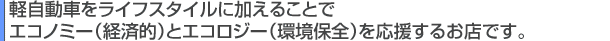 軽自動車をライフスタイルに加えることでエコノミー（経済的）とエコロジー（環境保全）を応援するお店です。
